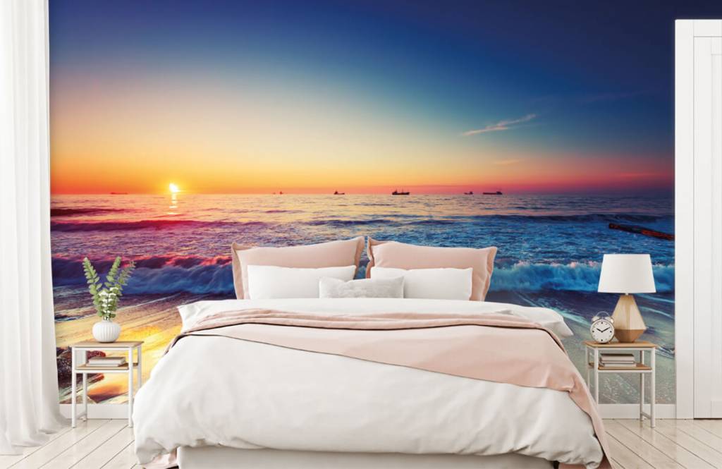Strand behang - Behang met een zonsondergang boven zee - Slaapkamer 2