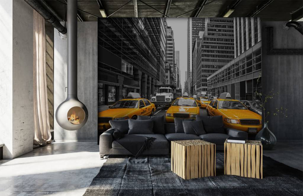 Zwart wit behang - Gele taxi's in New York - Tienerkamer 6