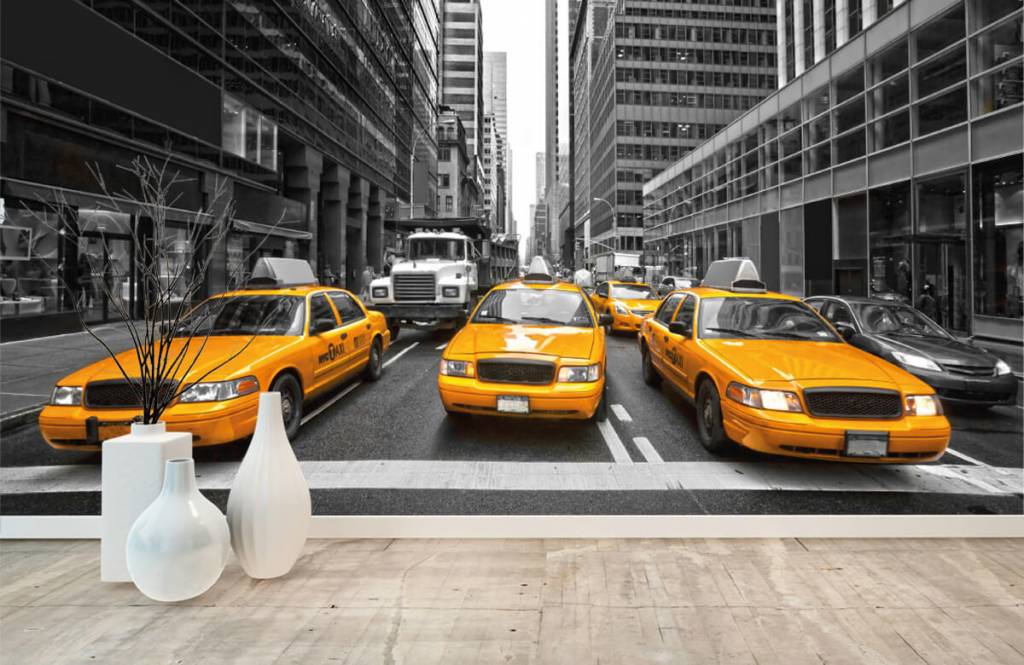 Zwart wit behang - Gele taxi's in New York - Tienerkamer 8