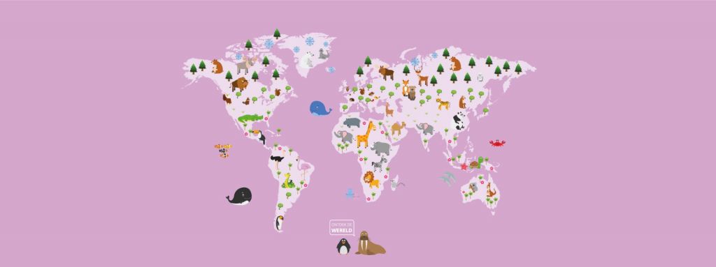 Wereldkaart voor kinderen met roze achtergrond