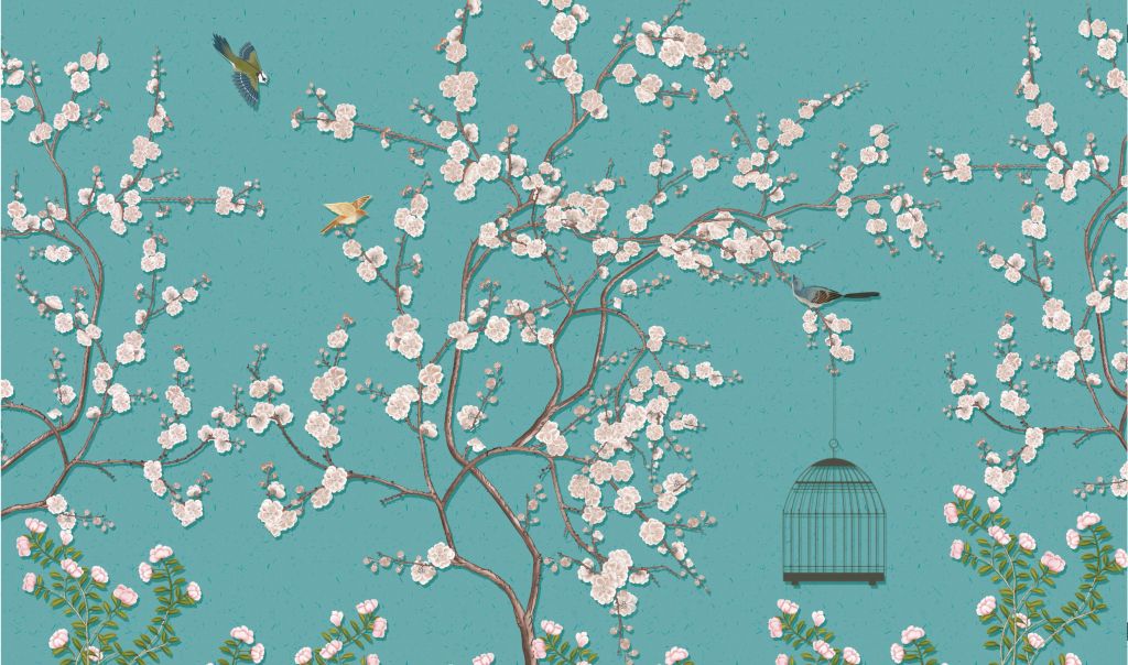 Getekende bloesemboom met vogels - Outlet - 430 x 250 cm