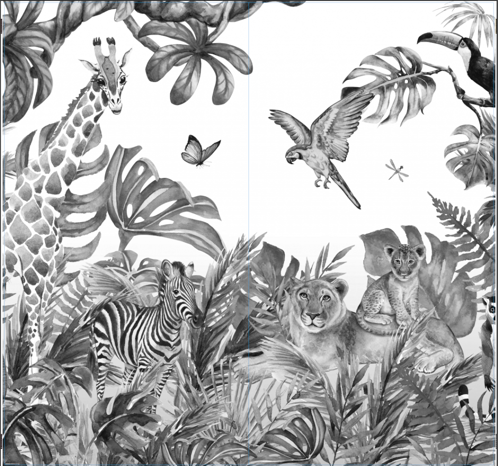 Wilde jungle dieren - zwart-wit - Outlet - 265x250 cm