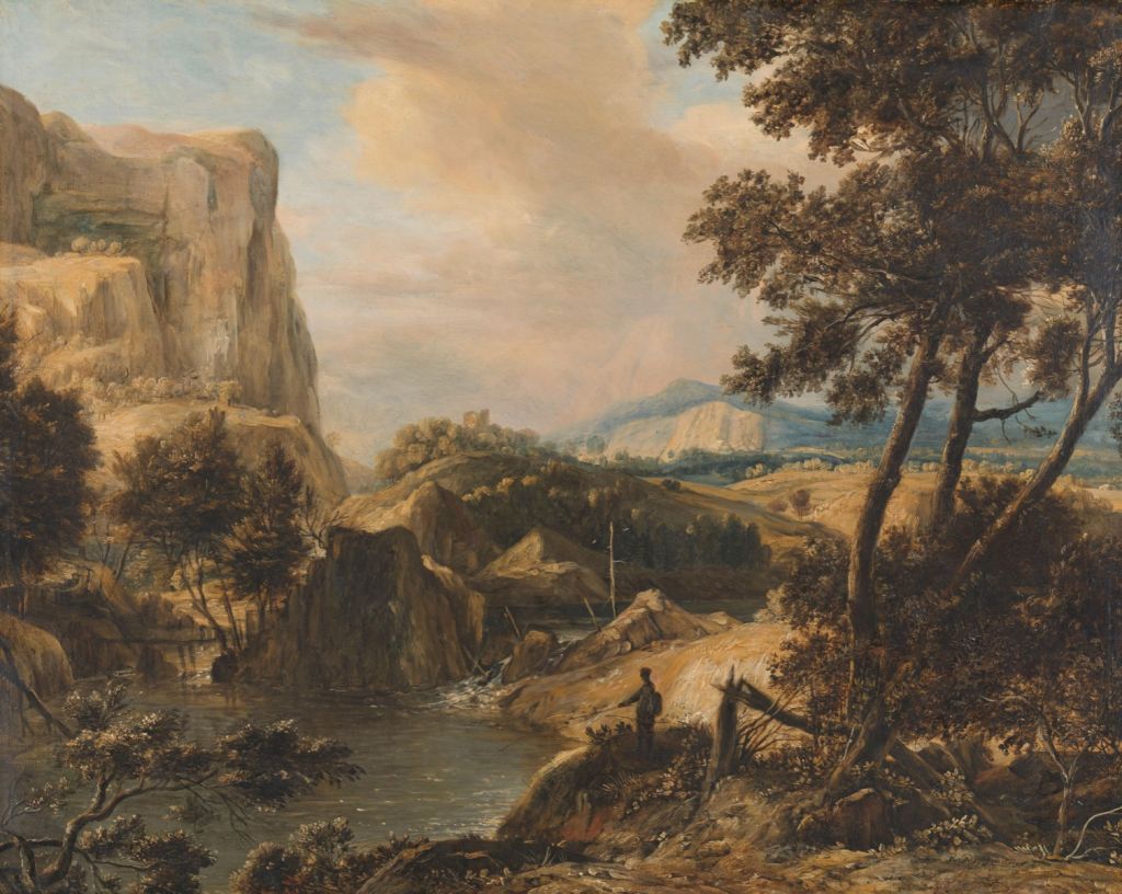 Bergachtig landschap met visser