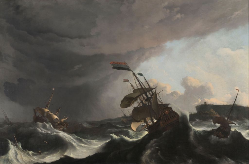 Oorlogsschepen tijdens een storm