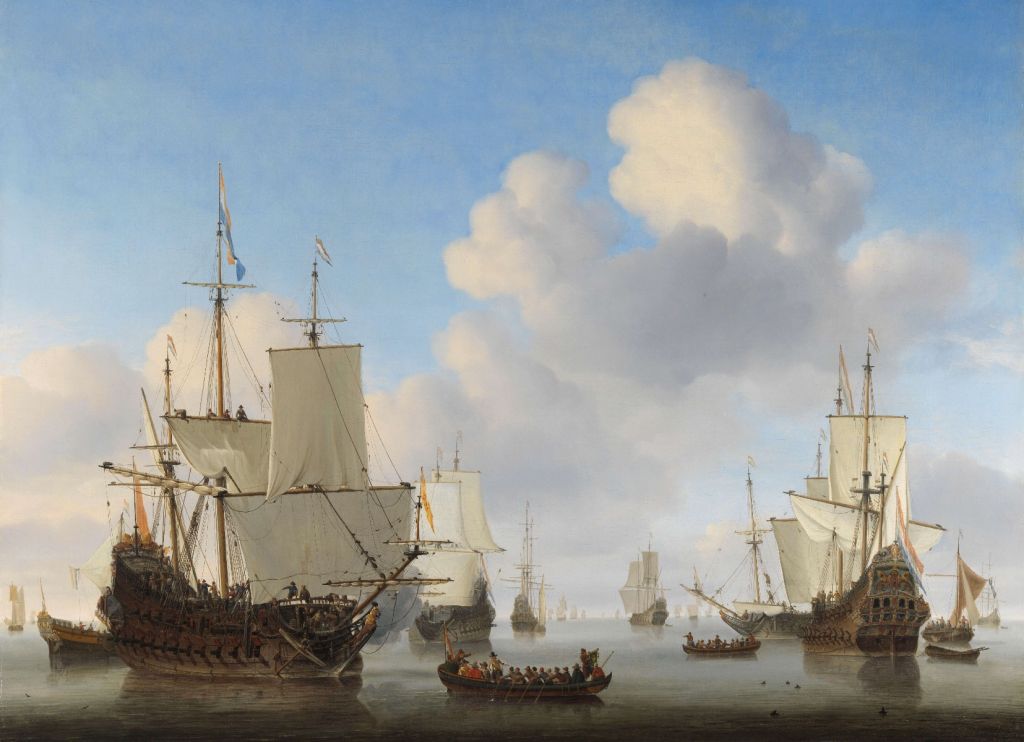 Fotobehang Rijksmuseum. Hollandse schepen op een kalme zee.