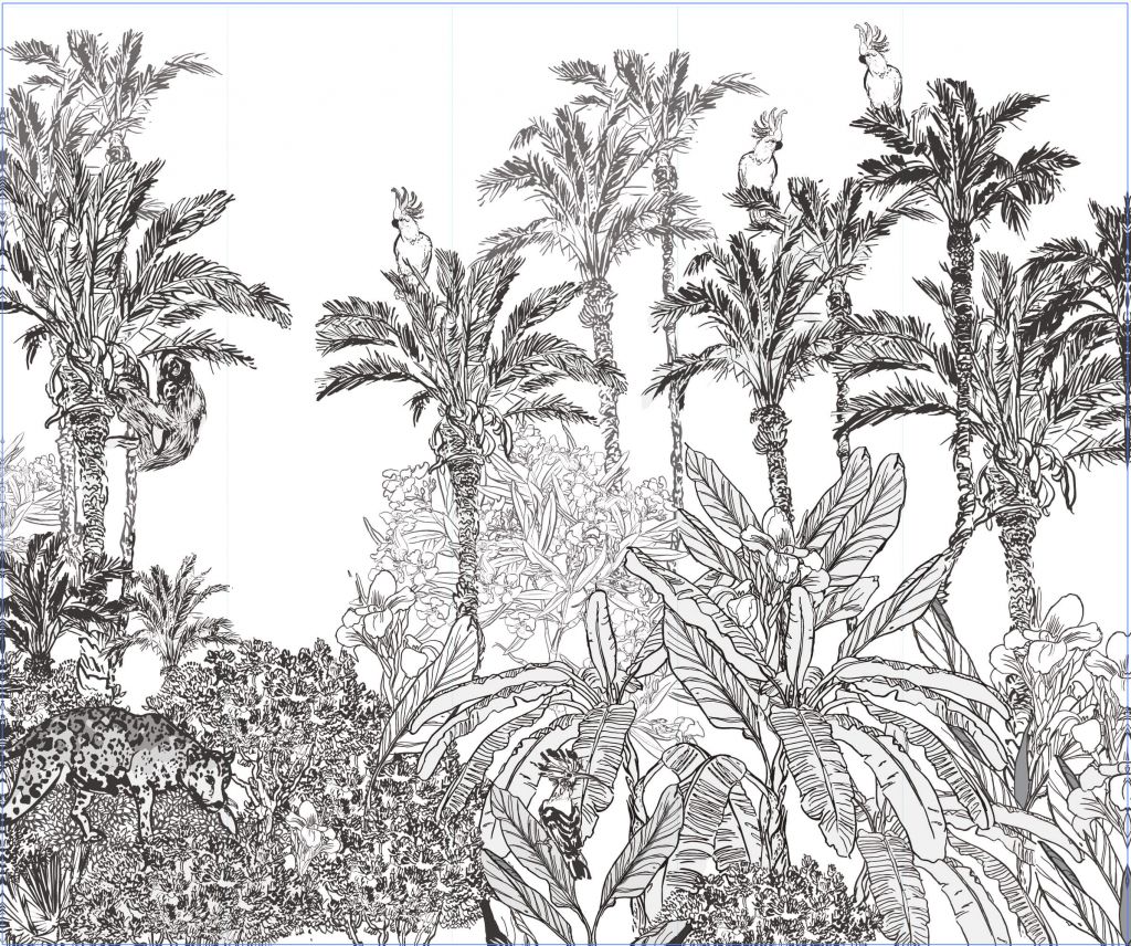 Getekende jungle in zwart/wit - Outlet - 300 x 250 cm