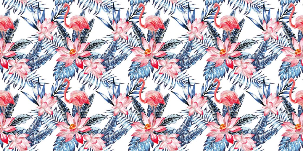 Roze flamingo met blauw palmbladerenpatroon