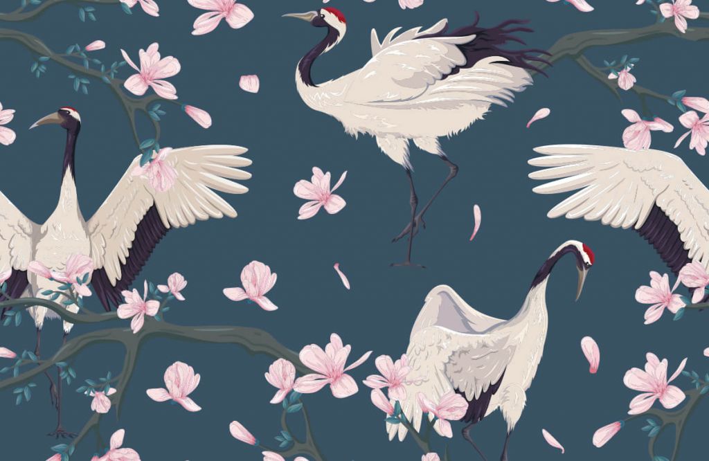 Kraanvogels met magnolia's