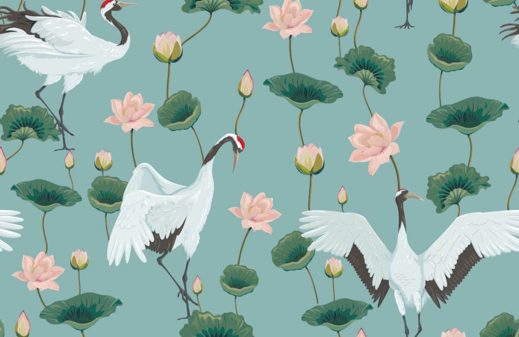 Kraanvogels en bloemen