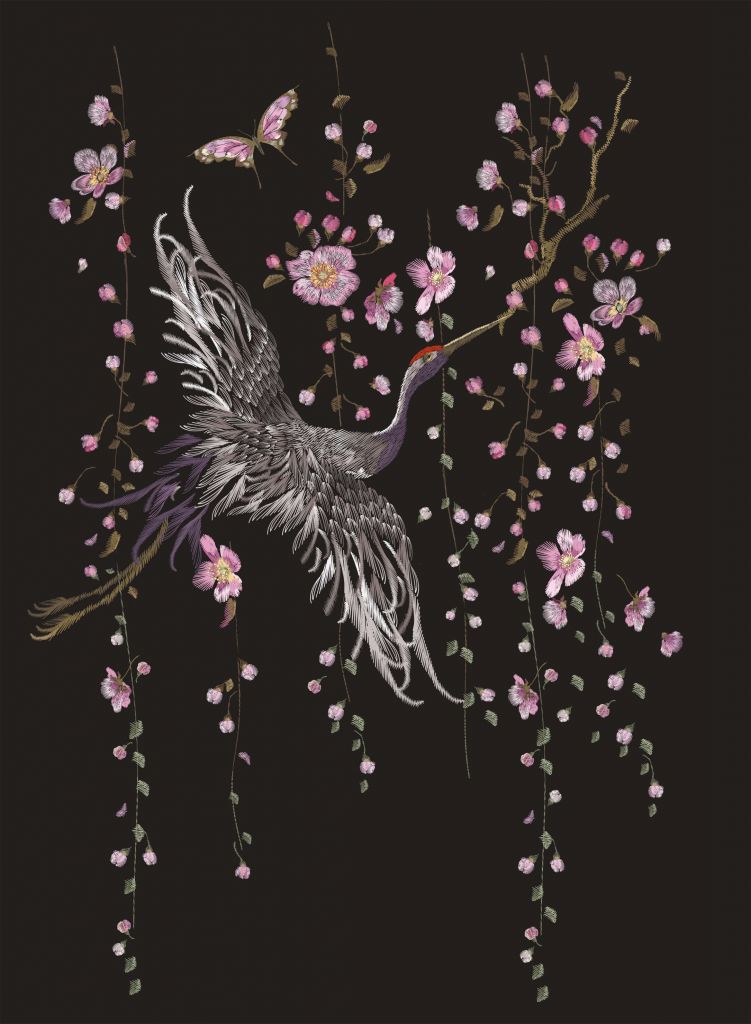 Kraanvogel bij roze bloemen