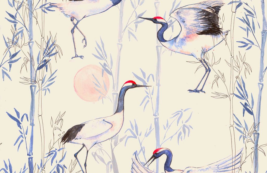 Water geverfde kraanvogels