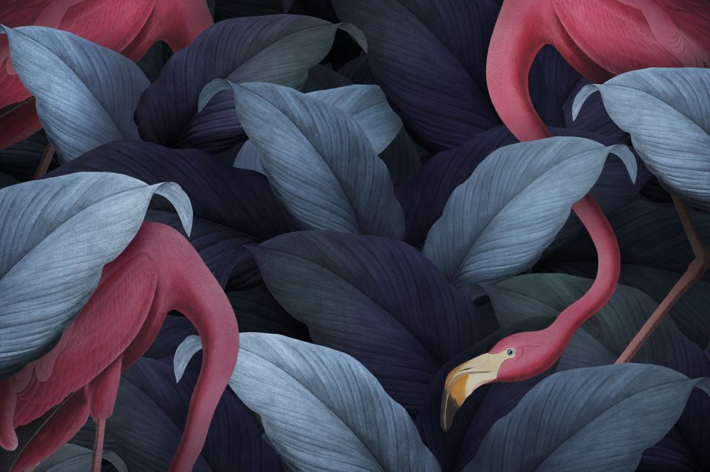 Flamingo's met bladeren