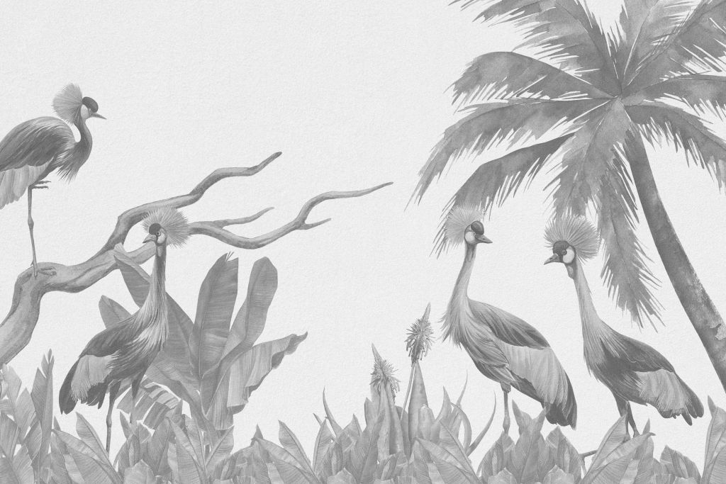 Jungle met kraanvogels in grijstinten
