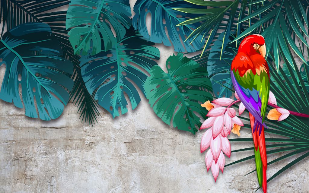 Monstera bladeren tegen een grijze betonwand