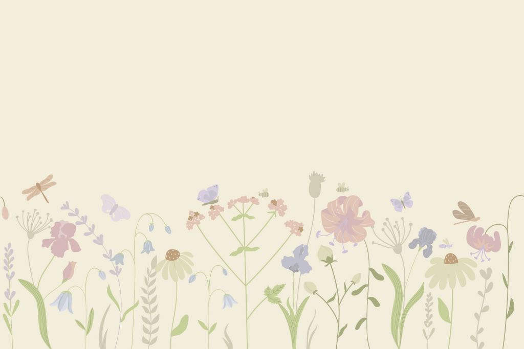 Bloemenveld met vlinders beige, oud roze, groen en lila