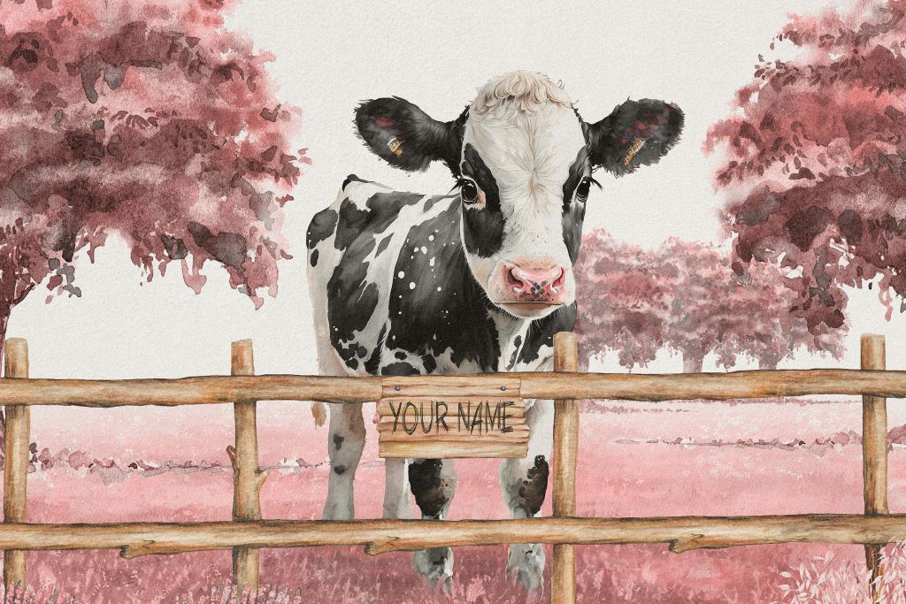 Jonge koe in een weiland roze
