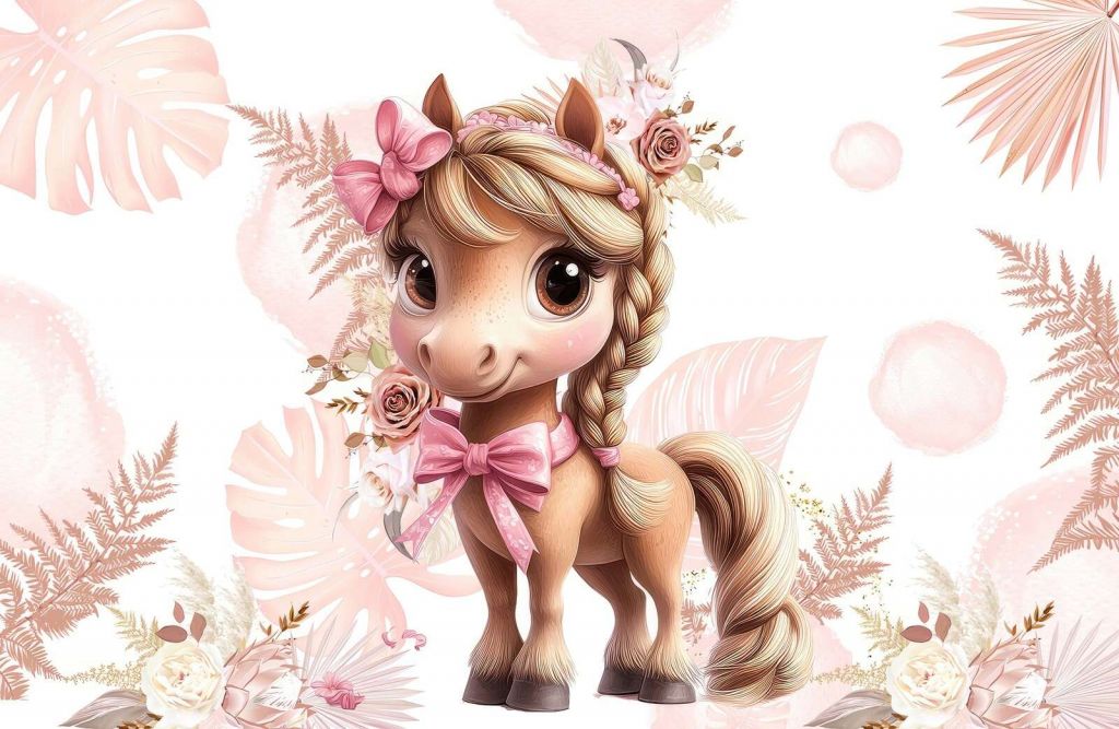 Elegante pony met roze strik