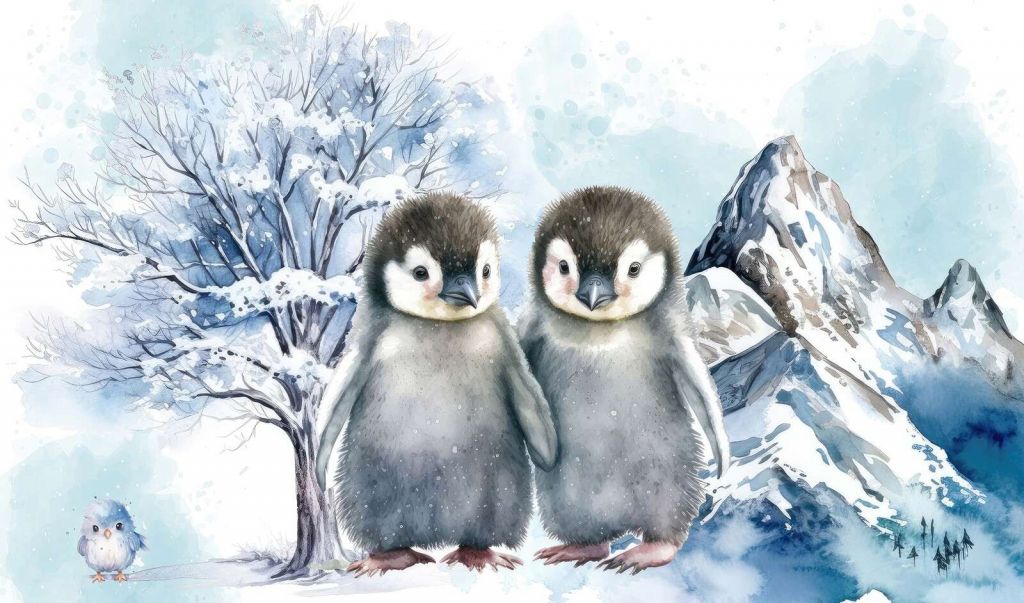 Schattige pinguïns in winterlandschap