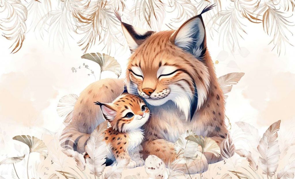 Liefdevolle lynx met jong