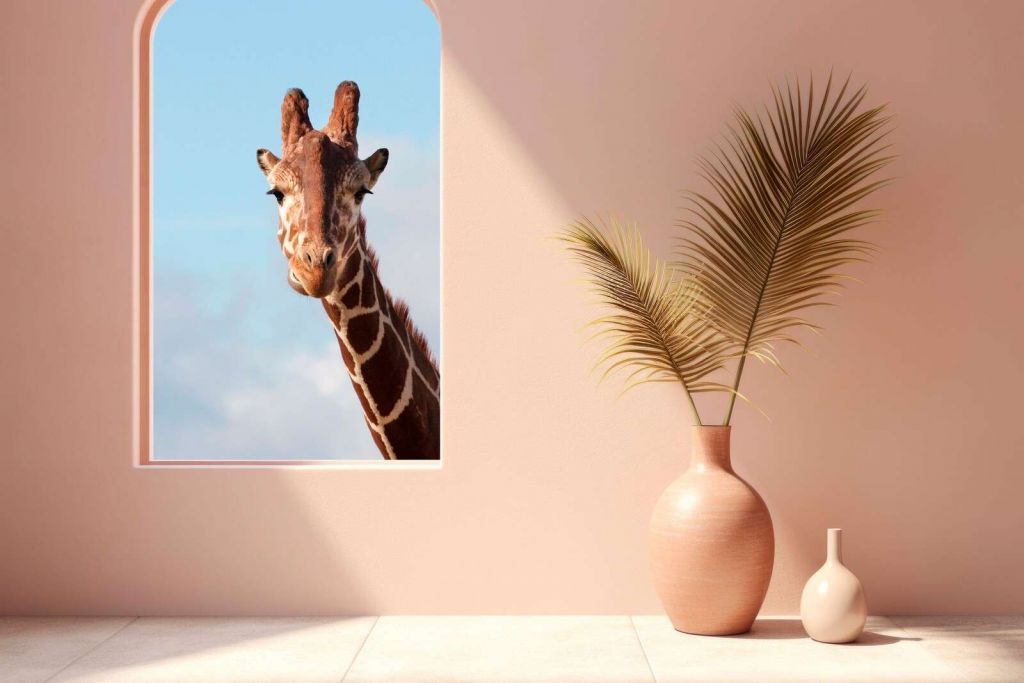 Nieuwsgierige giraffe aan het raam