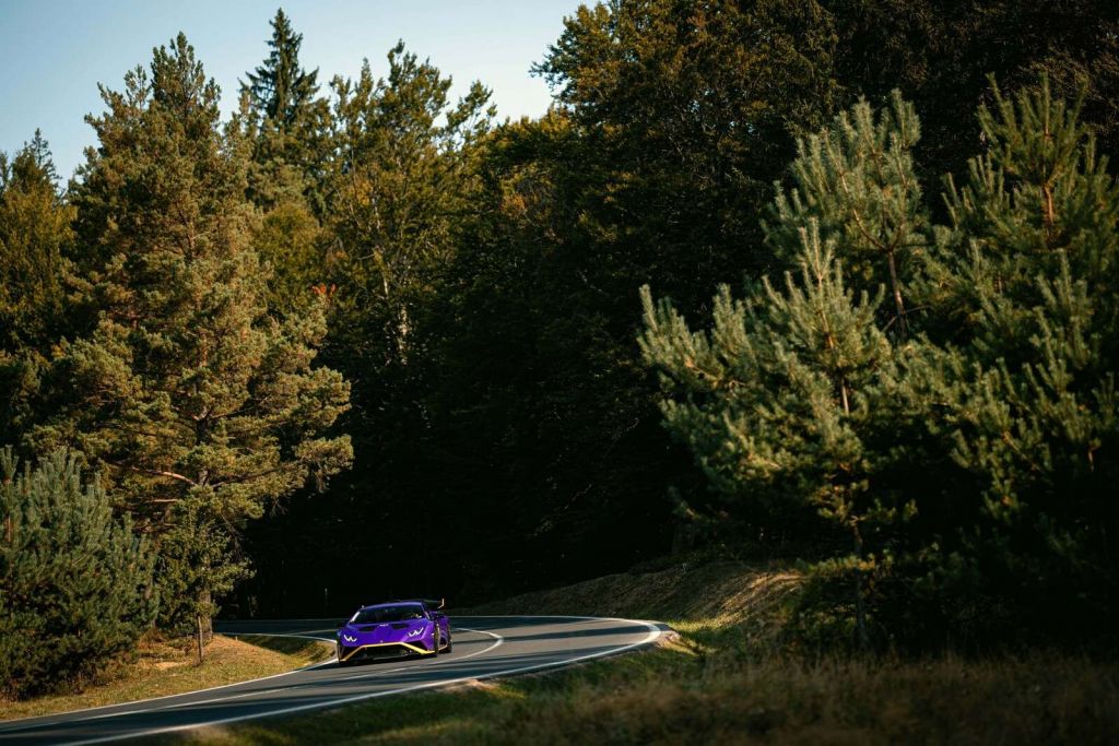 Paarse Lamborghini Huracán in boslandschap