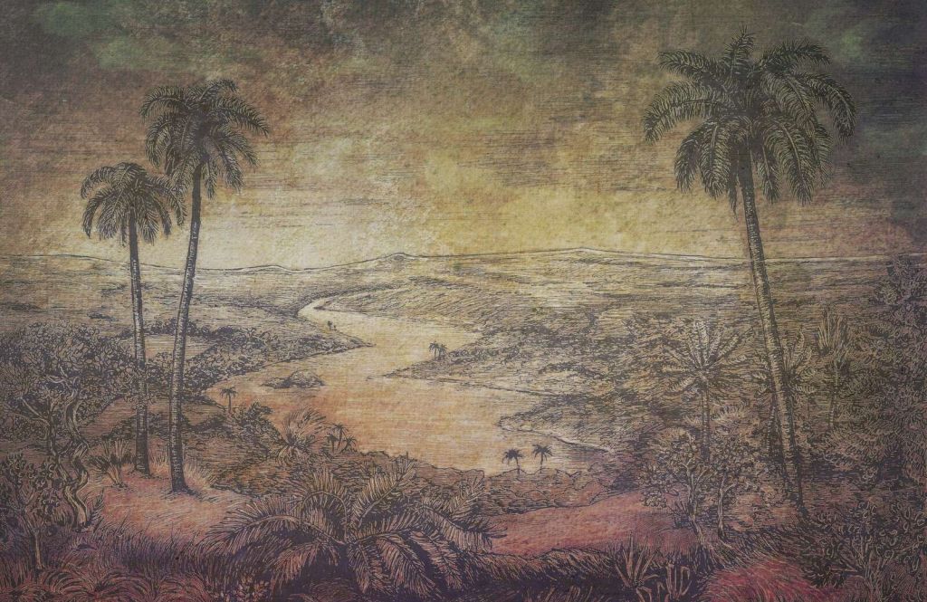 Tropisch rivierlandschap bij zonsondergang