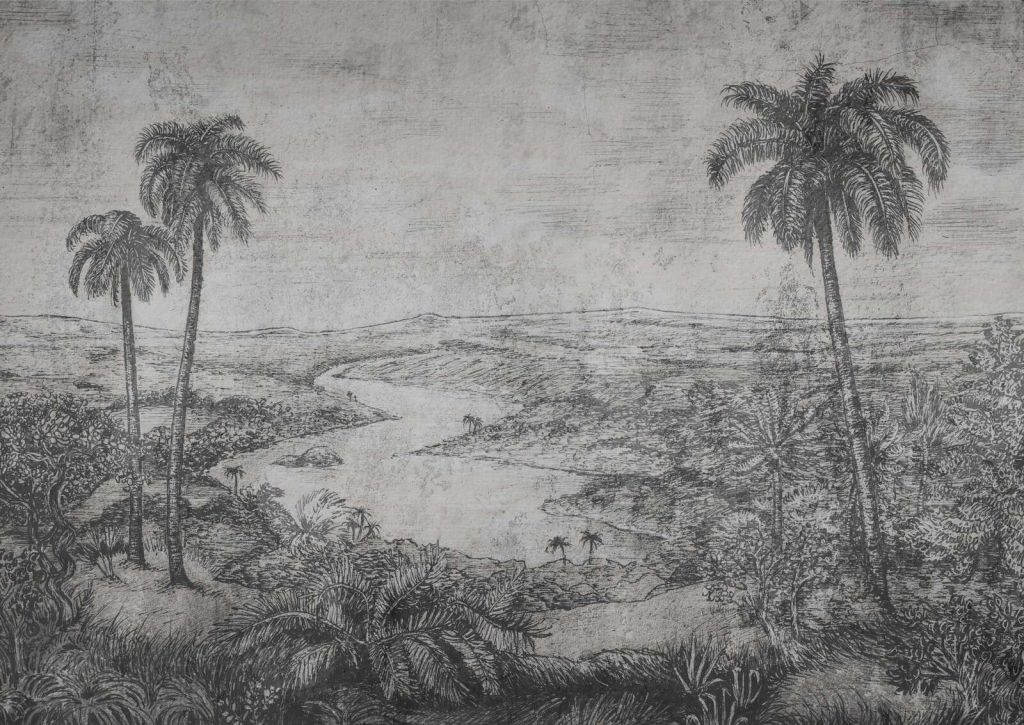 Palmenlandschap in grijze gravurestijl