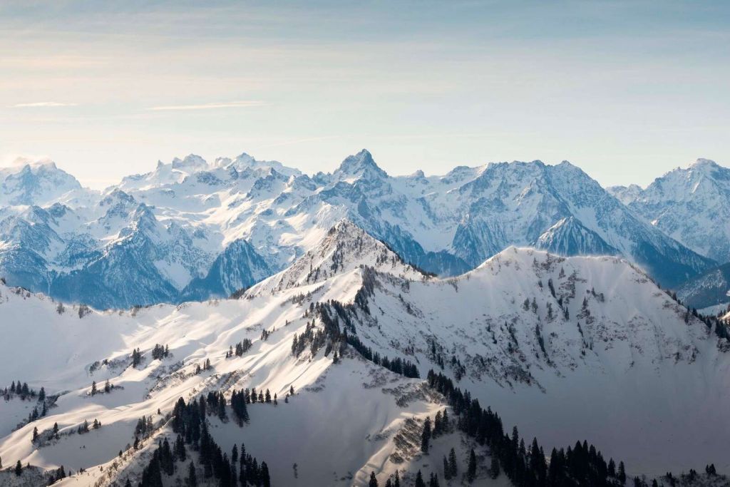 Winterse bergketen met besneeuwde sparrenrug