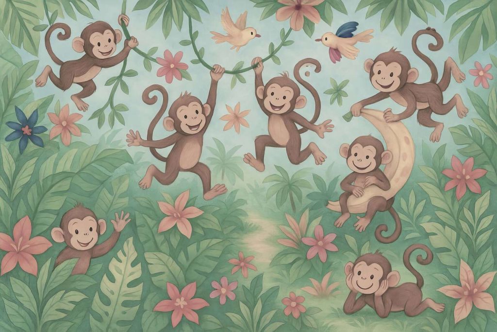Vrolijke apen in de bloemenjungle