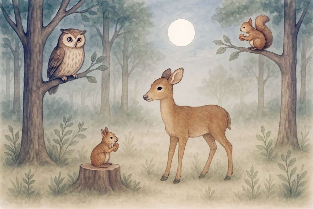 Maanlicht in het bos met dieren