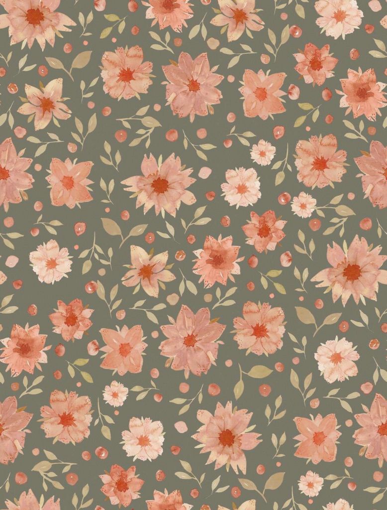 Koraalroze aquarelbloemen op olijfgroen