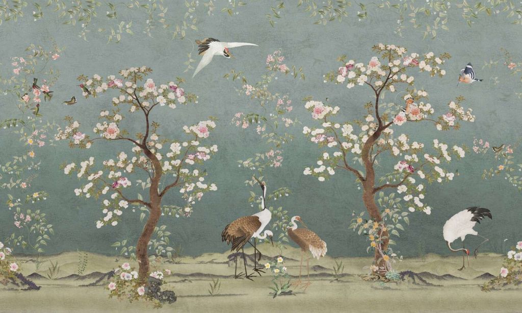 Bloesembomen met kraanvogels in serene tuin