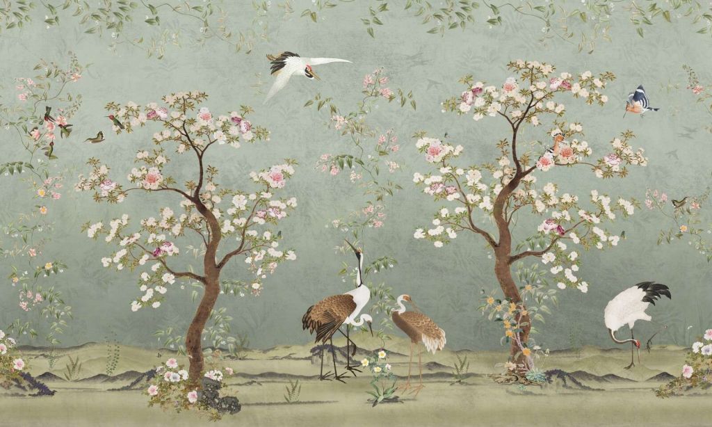 Bloesembomen met kraanvogels op jadegroen