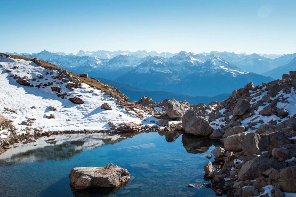 Bergmeer tussen sneeuwtoppen