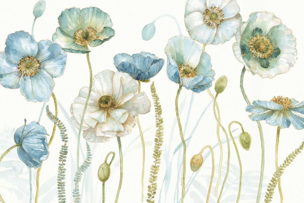 Aquarel Papavers In Blauwgroen Veld