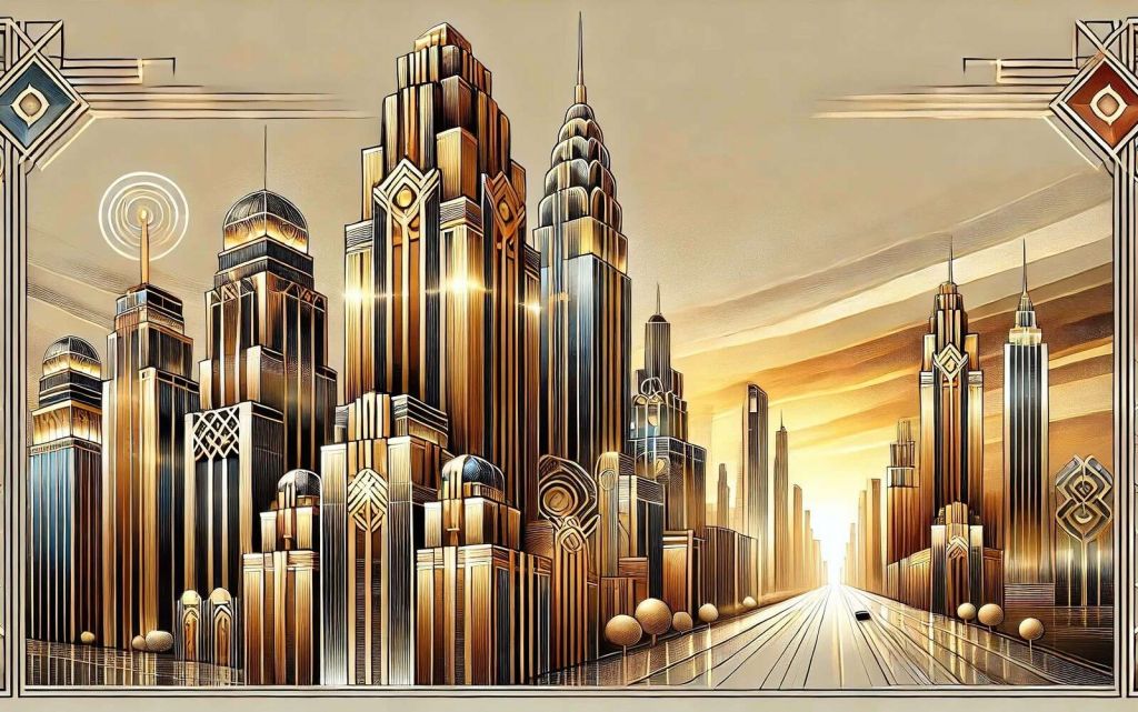 Gouden skyline in art deco zonlicht