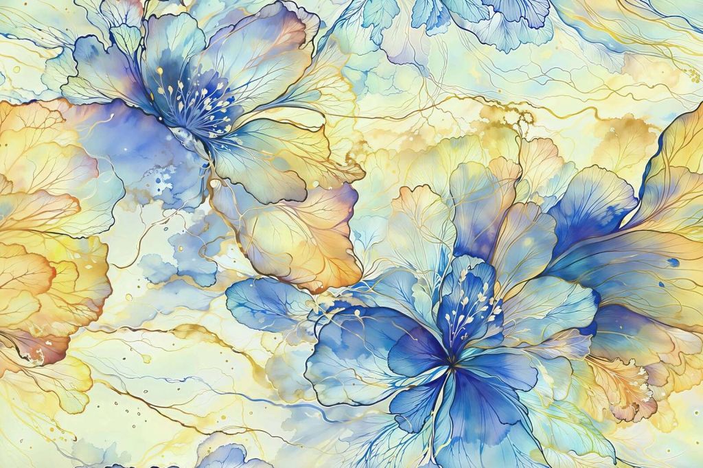 Aquarelbloemen in blauw en goud