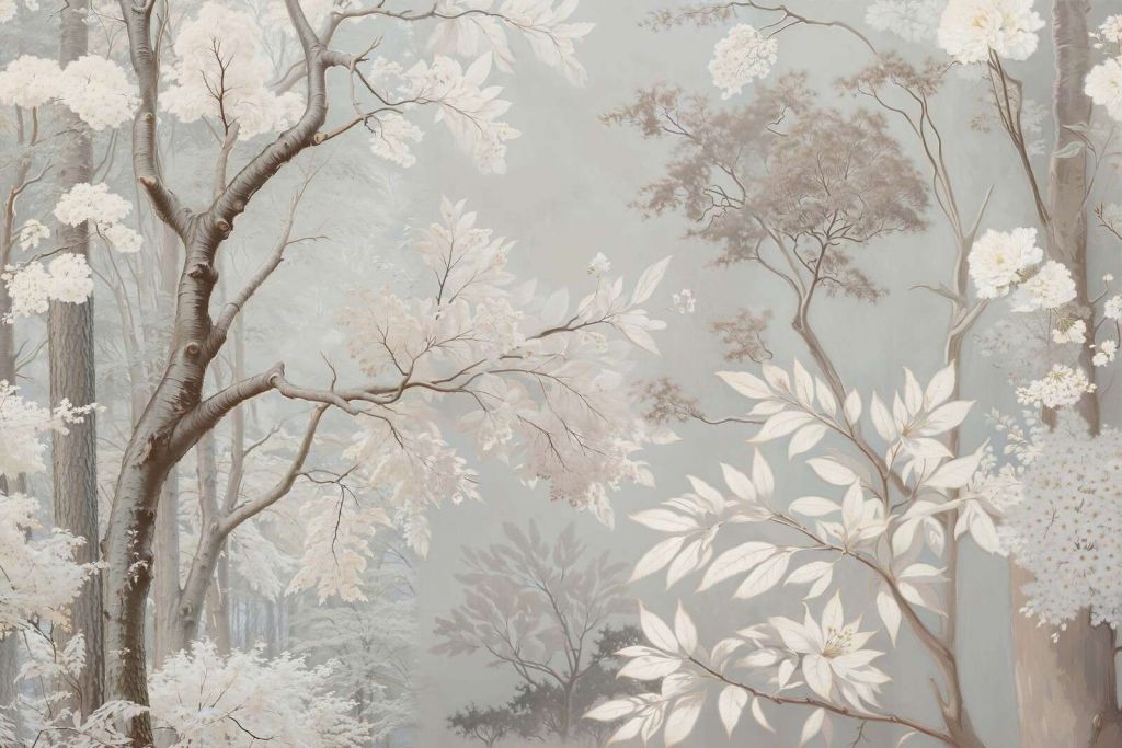 Mistig boslandschap met witte bloesem