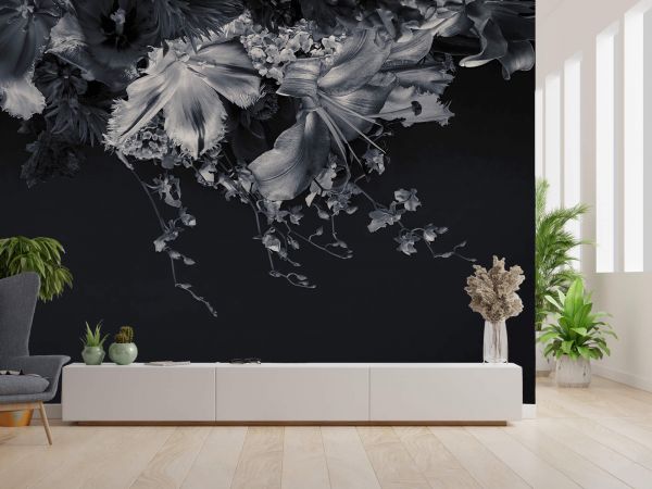 bloemen in zwart-wit - Fotobehang