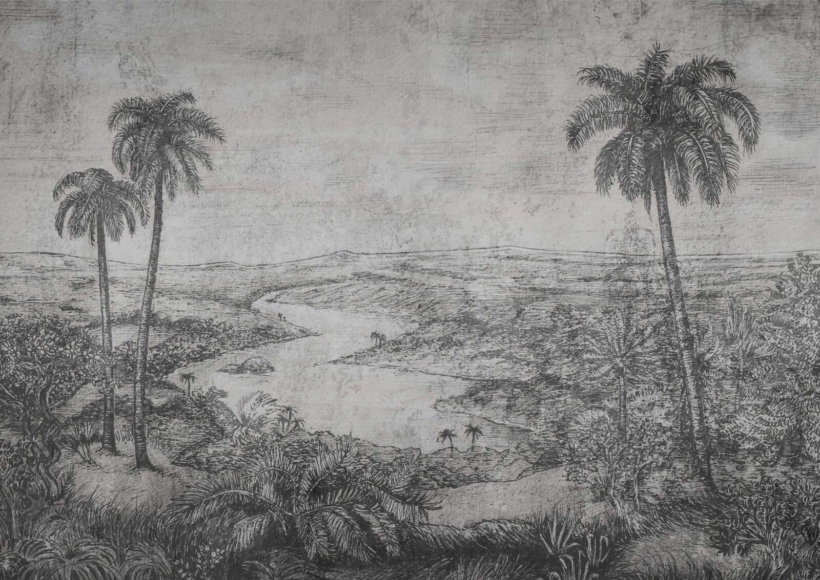 Palmenlandschap in grijze gravurestijl