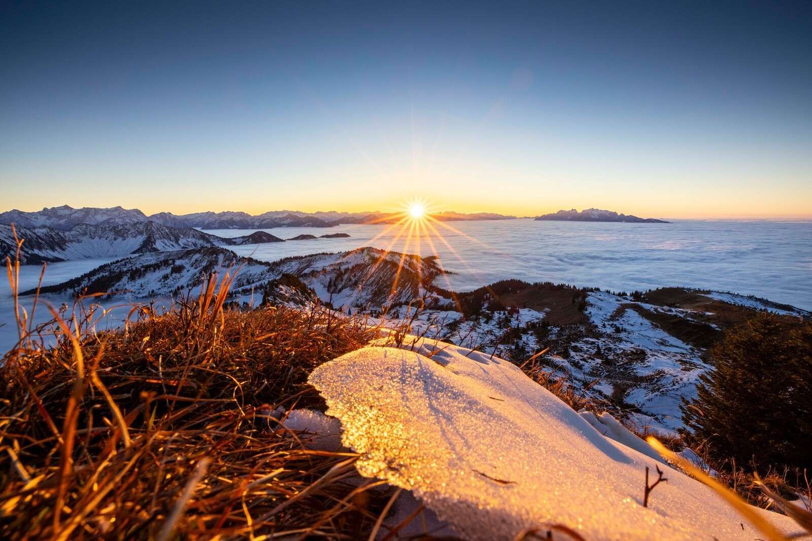 Zonsopkomst boven winterse bergweide