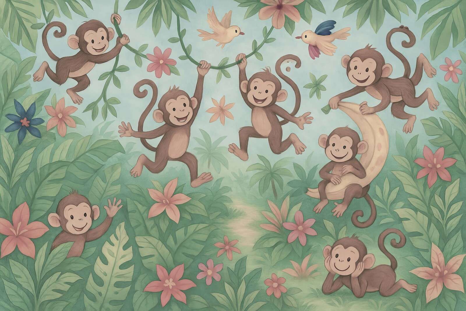 Vrolijke apen in de bloemenjungle