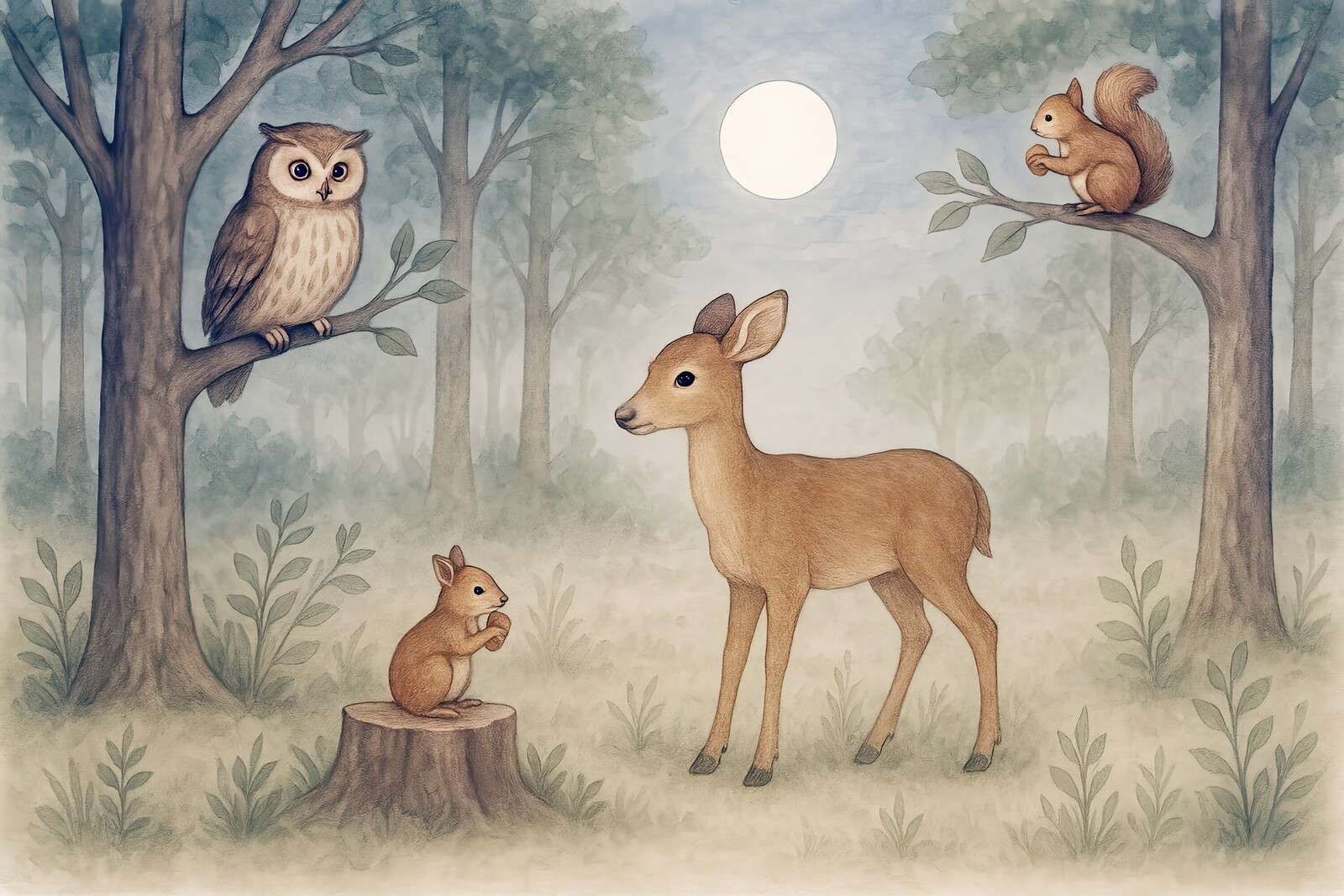 Maanlicht in het bos met dieren