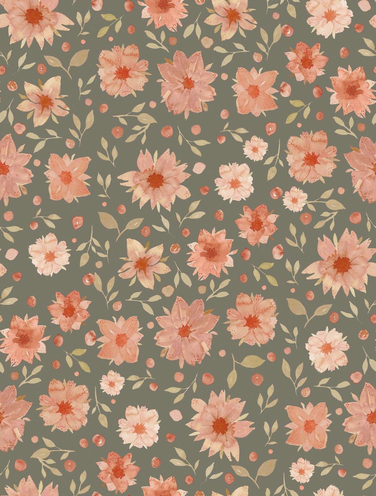 Koraalroze aquarelbloemen op olijfgroen