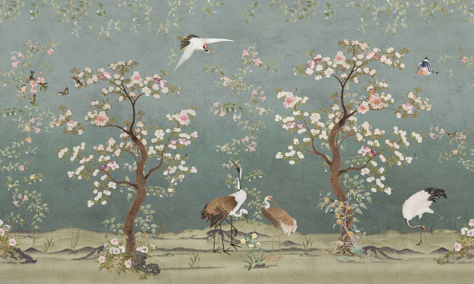 Bloesembomen met kraanvogels in serene tuin