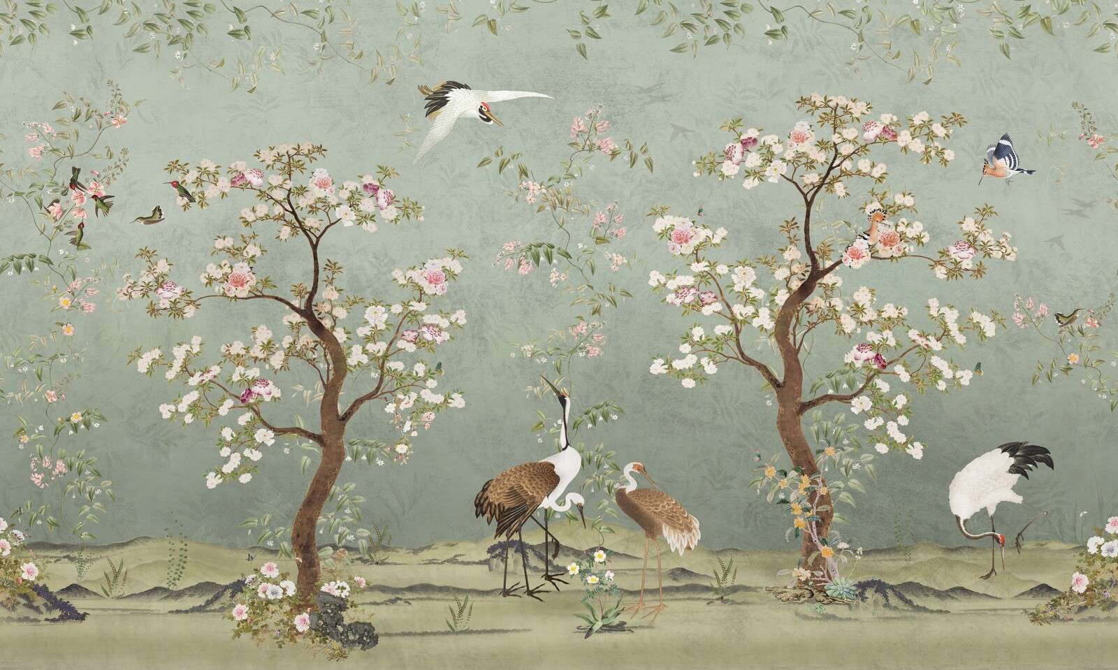 Bloesembomen met kraanvogels op jadegroen