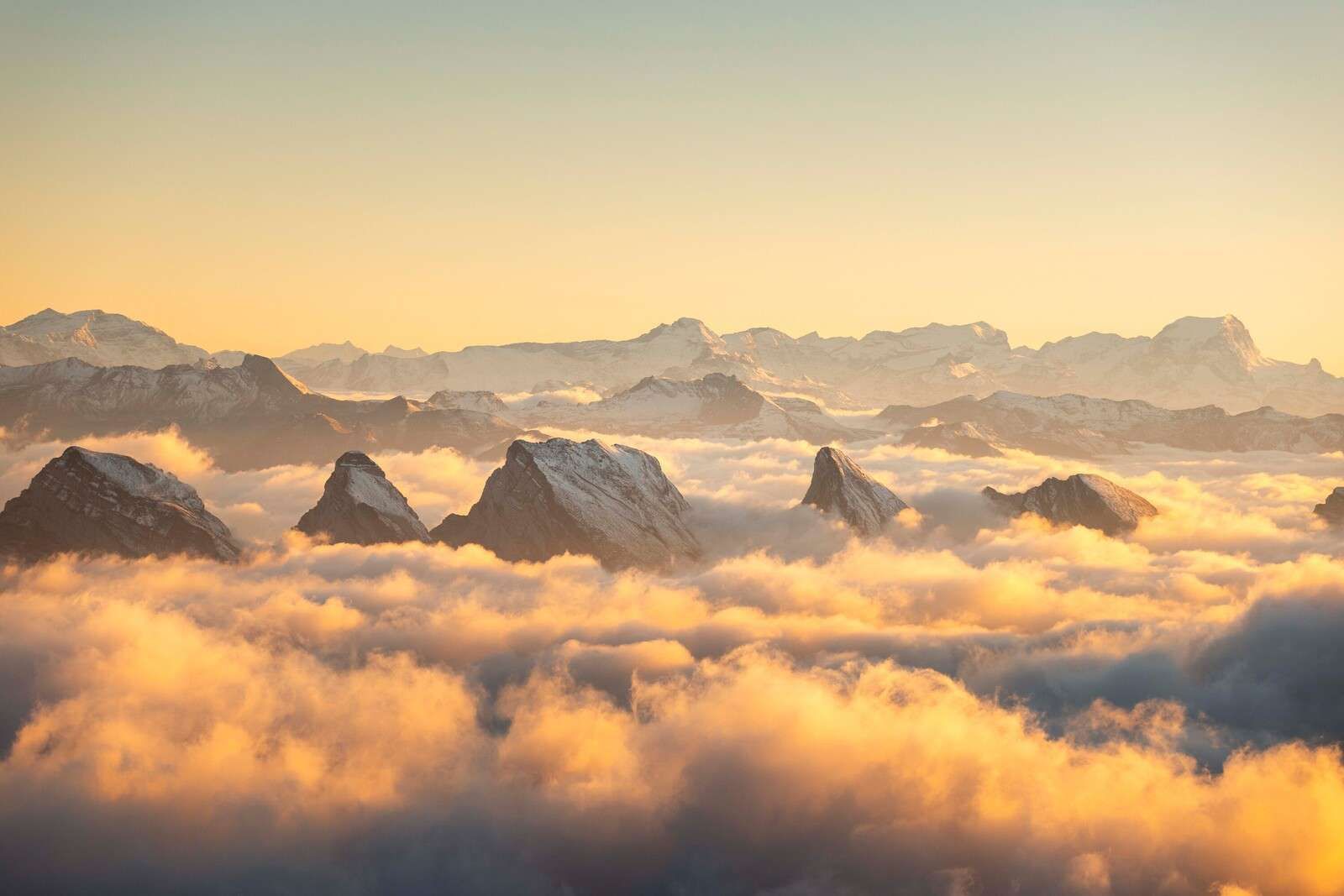 Bergpieken boven gouden wolkenzee