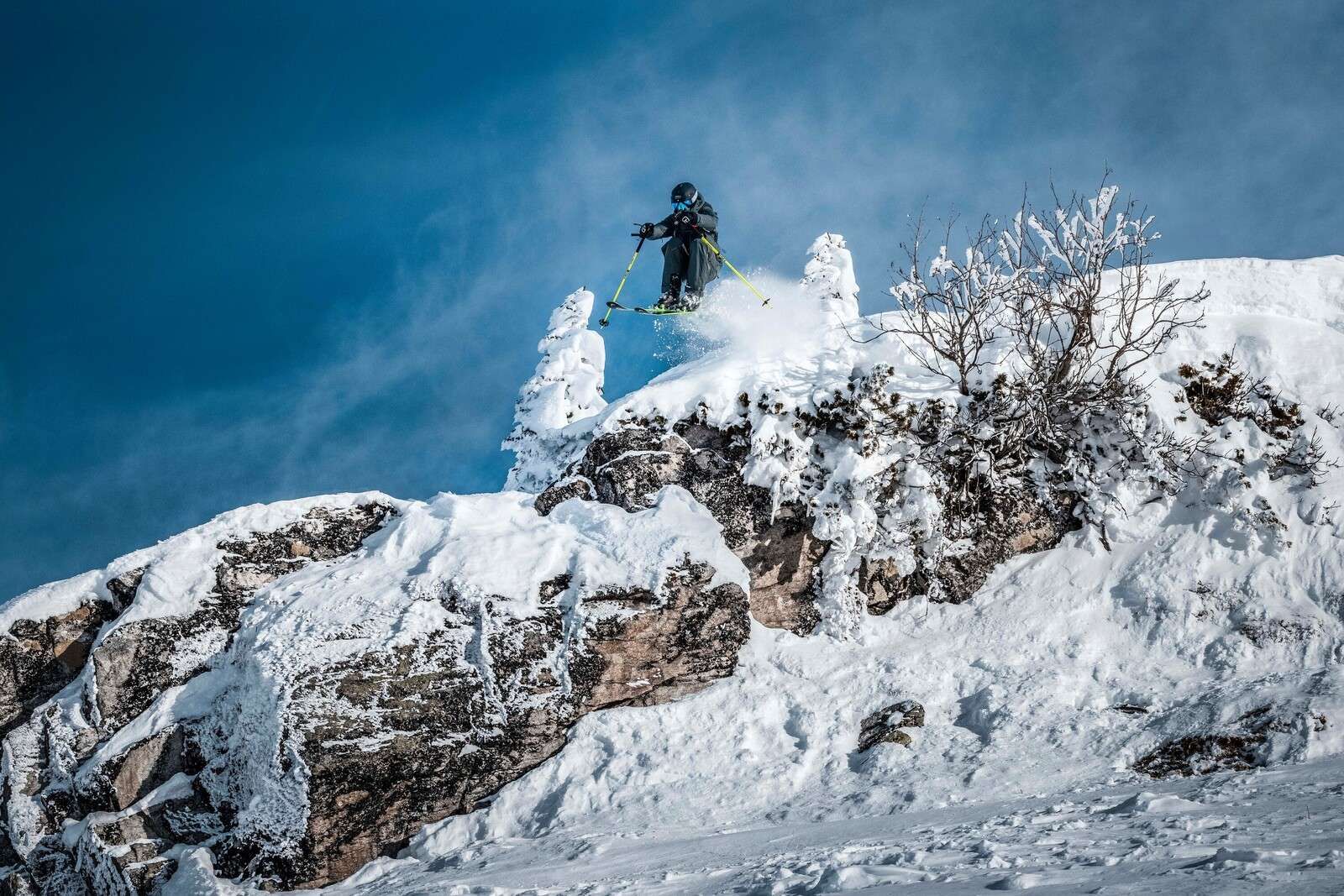 Freestyle skiër in besneeuwde bergwereld