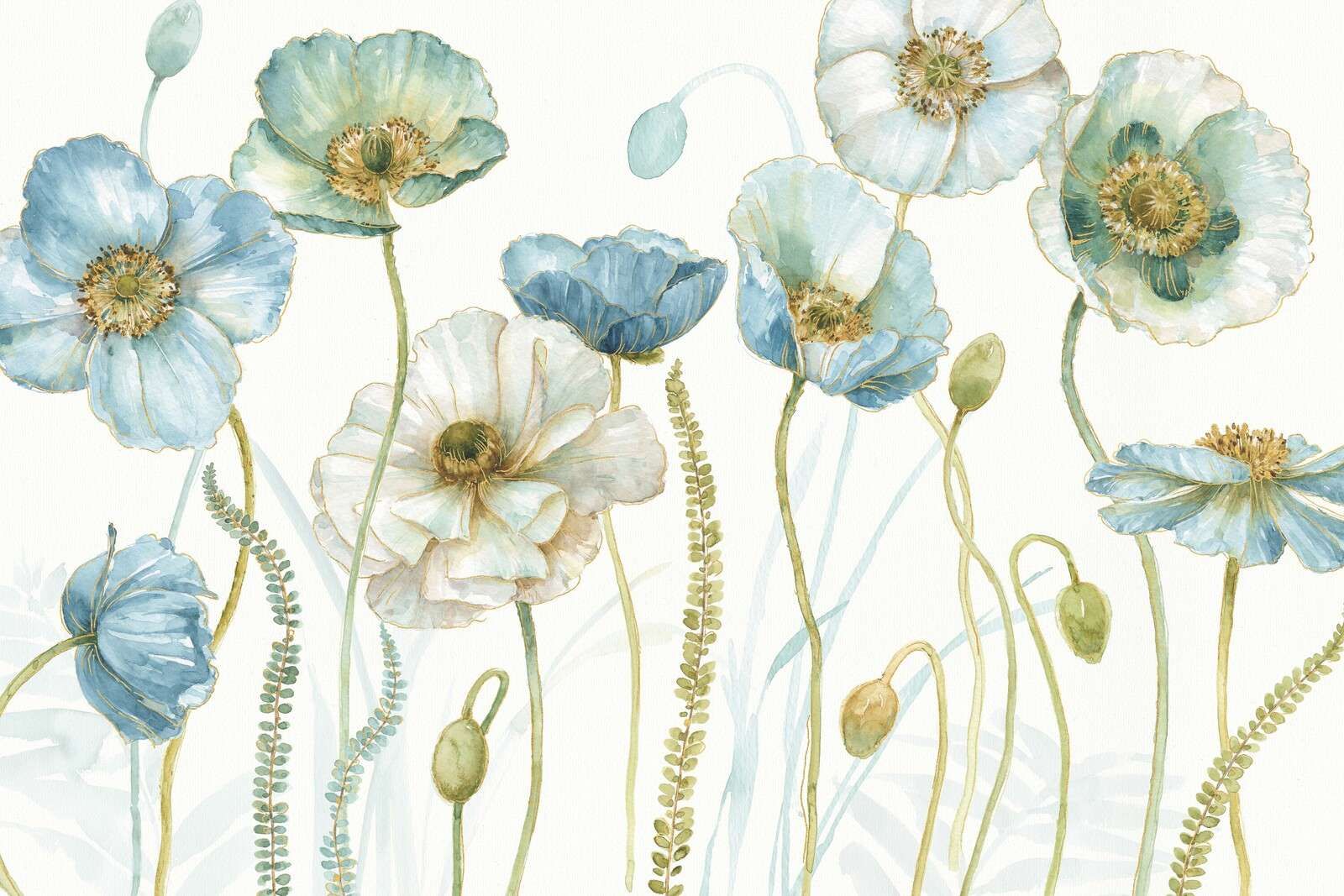 Aquarel Papavers In Blauwgroen Veld