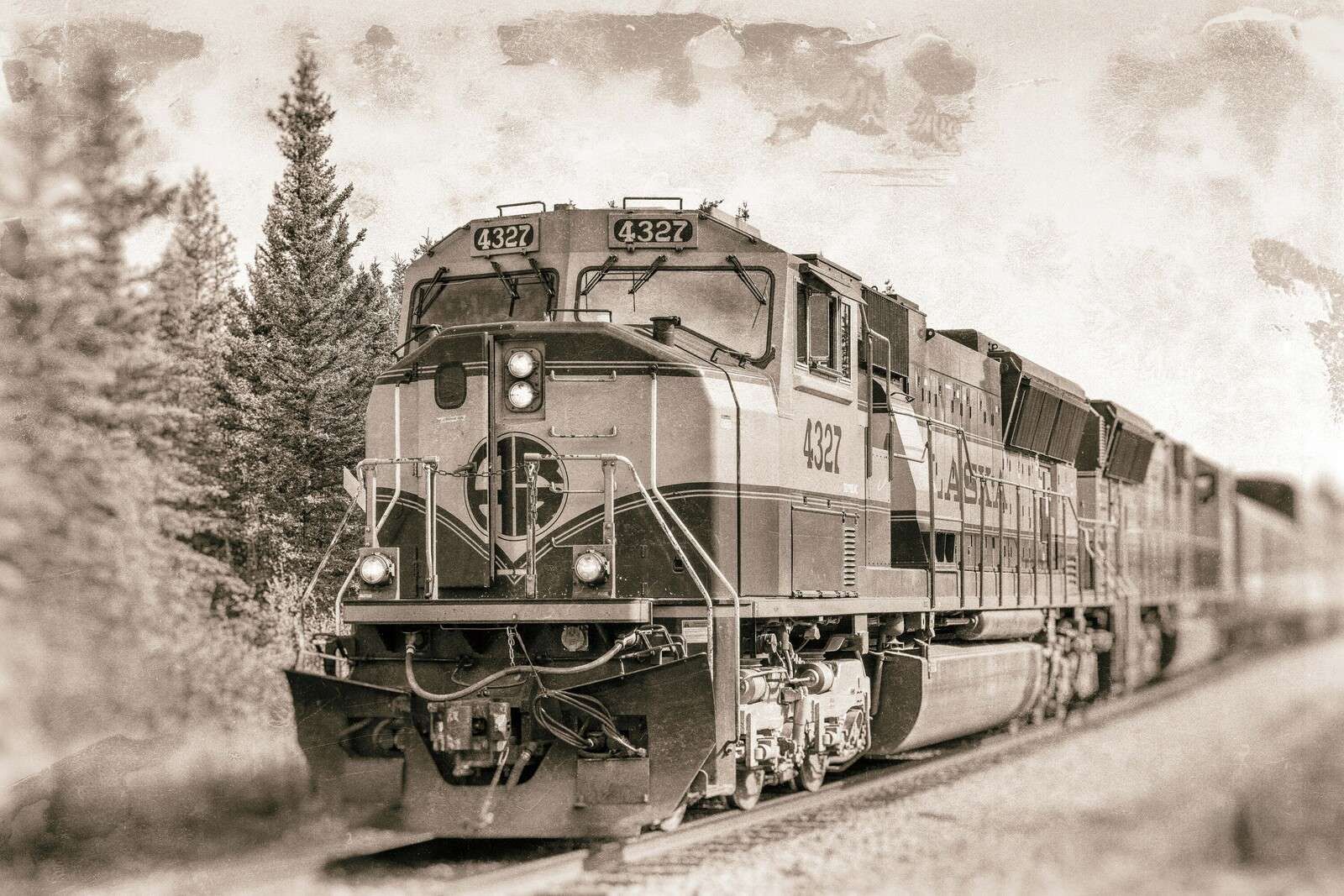 Vintage locomotief in sepia tonen